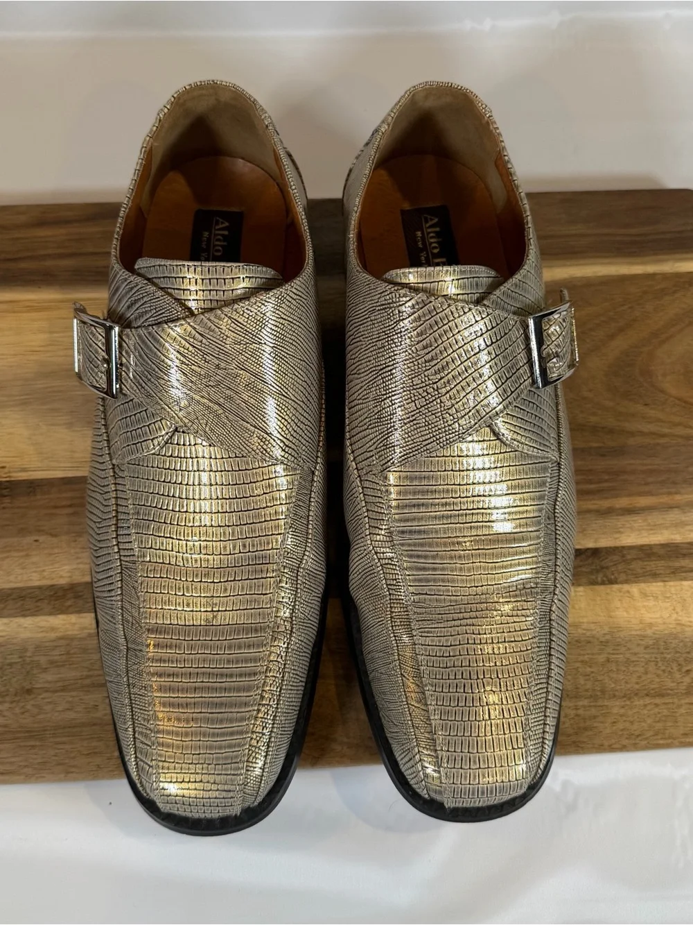 Aldo Bellini Metallic Silver Textured Monk Strap Dress Shoes 12 Snakeskin print
